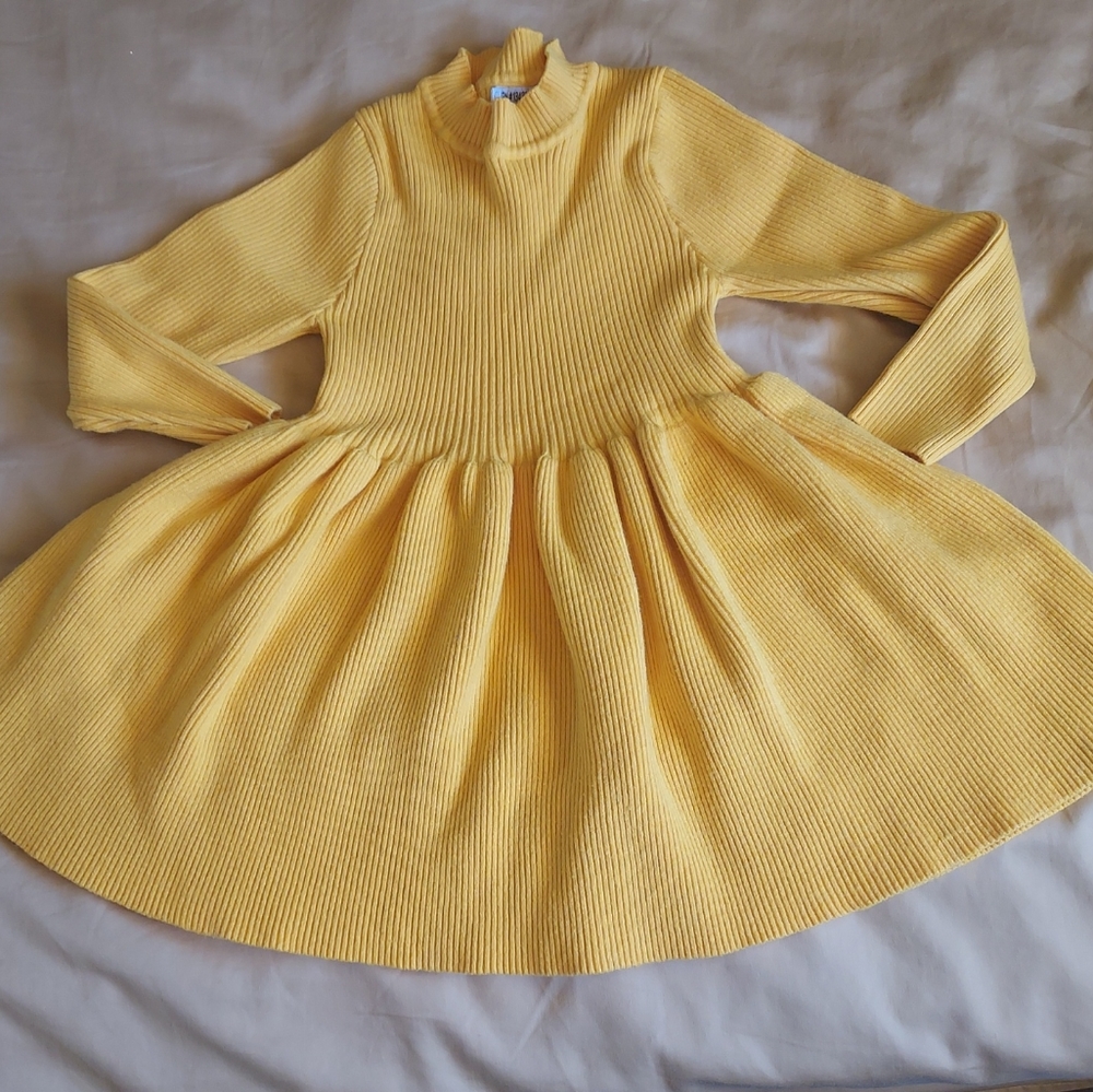 BMG Girls XL  Long Sleeve  Crew Neck Knee Length Ribbed Dress Yellow Nwot